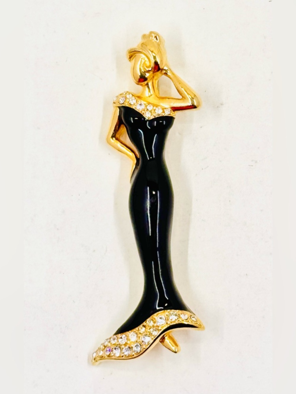Fernando Originals Gold-Tone Woman Black Enamel Evening Gown W/Crystals Brooch